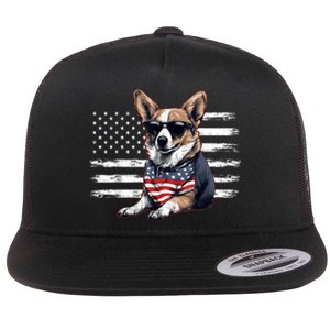 Welsh Corgi Dog Dad Dog Mom USA Flag 4th Of July Flat Bill Trucker Hat