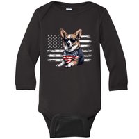 Welsh Corgi Dog Dad Dog Mom USA Flag 4th Of July Baby Long Sleeve Bodysuit