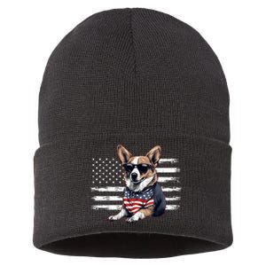 Welsh Corgi Dog Dad Dog Mom USA Flag 4th Of July Sustainable Knit Beanie