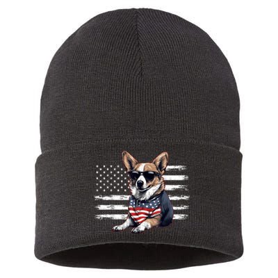 Welsh Corgi Dog Dad Dog Mom USA Flag 4th Of July Sustainable Knit Beanie