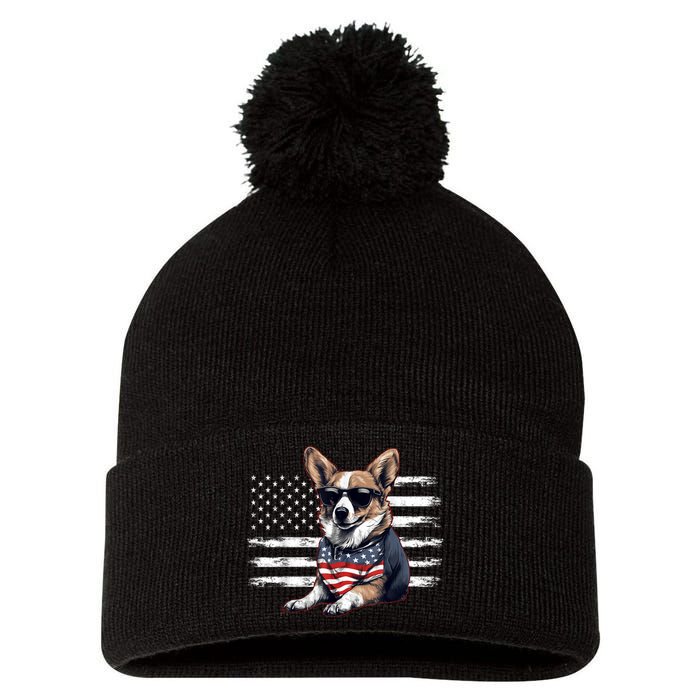 Welsh Corgi Dog Dad Dog Mom USA Flag 4th Of July Pom Pom 12in Knit Beanie