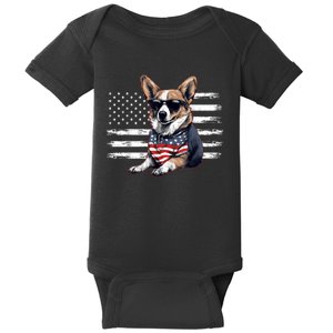 Welsh Corgi Dog Dad Dog Mom USA Flag 4th Of July Baby Bodysuit