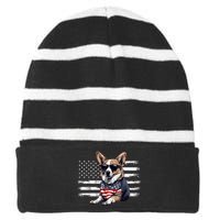 Welsh Corgi Dog Dad Dog Mom USA Flag 4th Of July Striped Beanie with Solid Band