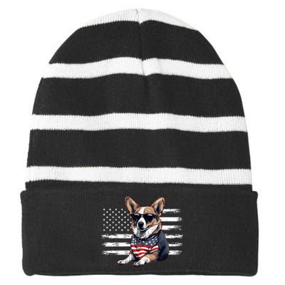 Welsh Corgi Dog Dad Dog Mom USA Flag 4th Of July Striped Beanie with Solid Band