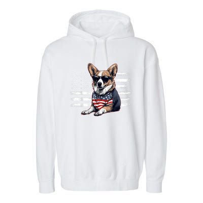 Welsh Corgi Dog Dad Dog Mom USA Flag 4th Of July Garment-Dyed Fleece Hoodie