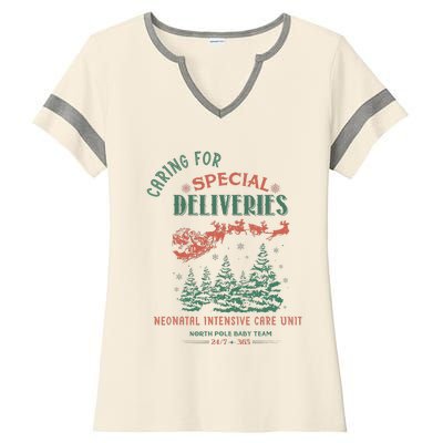 Women Caring For Special Deliveries Nicu Nurse Christmas Ladies Halftime Notch Neck Tee