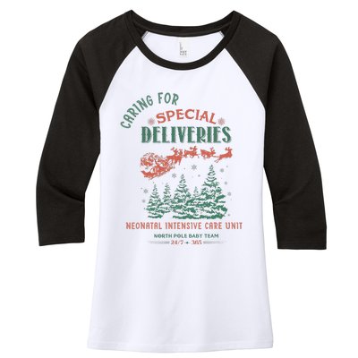 Women Caring For Special Deliveries Nicu Nurse Christmas Women's Tri-Blend 3/4-Sleeve Raglan Shirt