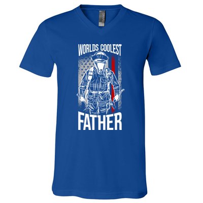 Worlds Coolest Father Fire American Flag Firefighter Dad Gift V-Neck T-Shirt