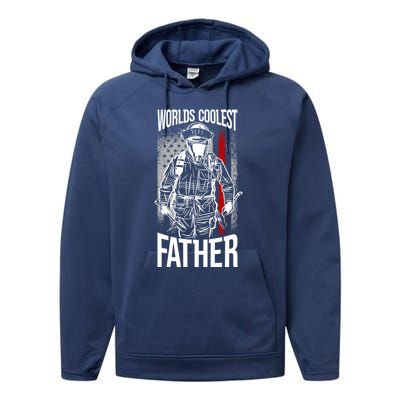 Worlds Coolest Father Fire American Flag Firefighter Dad Gift Performance Fleece Hoodie