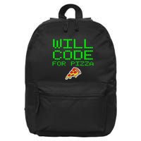 Will Code For Pizza Funny Computer Programming Coding Coder 16 in Basic Backpack
