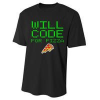 Will Code For Pizza Funny Computer Programming Coding Coder Performance Sprint T-Shirt