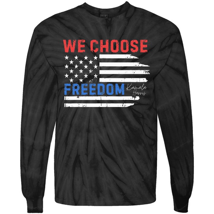 We Choose Freedom Kamala Harris Funny Comma La America Flag Tie-Dye Long Sleeve Shirt