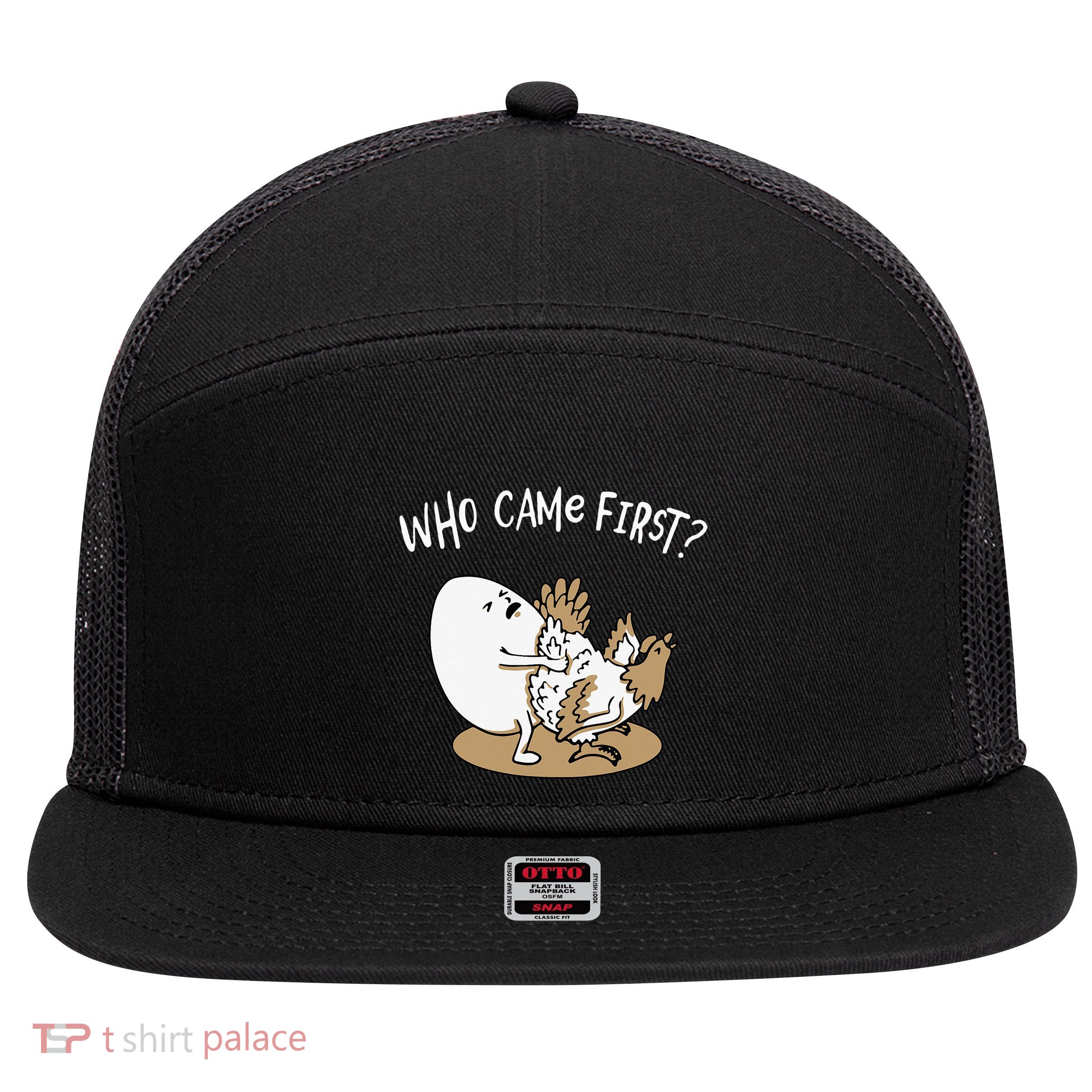 Who Came First Chicken Or Egg Chickens Lover Farmer 7 Panel Mesh Trucker Snapback Hat