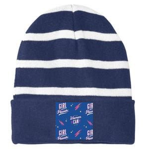 Women Can Girl Power Feminist Striped Beanie with Solid Band