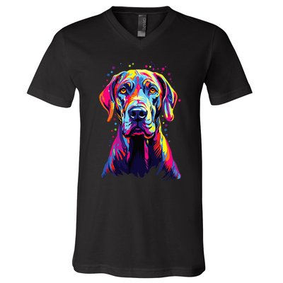 Watercolor Colorful Great Dane Dog V-Neck T-Shirt