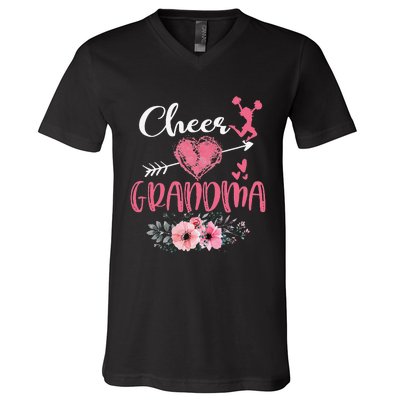 Womens Cheer Grandma Floral Funny Cheerleader Heart Mother's Day V-Neck T-Shirt