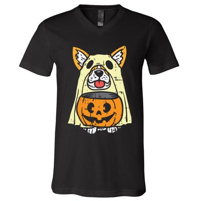 Welsh Corgi Ghost Funny Halloween Costume Dog Owner Lover V-Neck T-Shirt