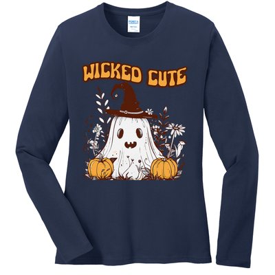 Wicked Cute Ghost And Pumpkin Fun Spooky Design Ladies Long Sleeve Shirt