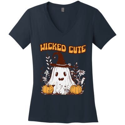 Wicked Cute Ghost And Pumpkin Fun Spooky Design Women's V-Neck T-Shirt