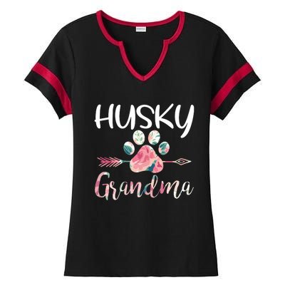 Womens Cute Husky Grandma Siberian Husky Lover Costume Dog Paw Ladies Halftime Notch Neck Tee