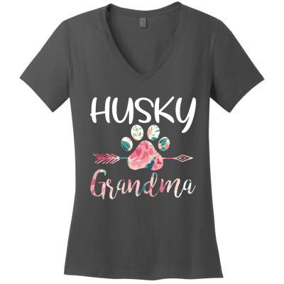 Womens Cute Husky Grandma Siberian Husky Lover Costume Dog Paw Women's V-Neck T-Shirt