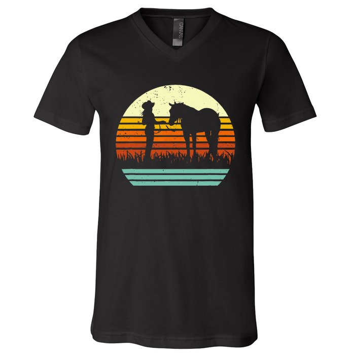 Western Cowgirl Halter Horse Retro Sunset Vintage Style V-Neck T-Shirt