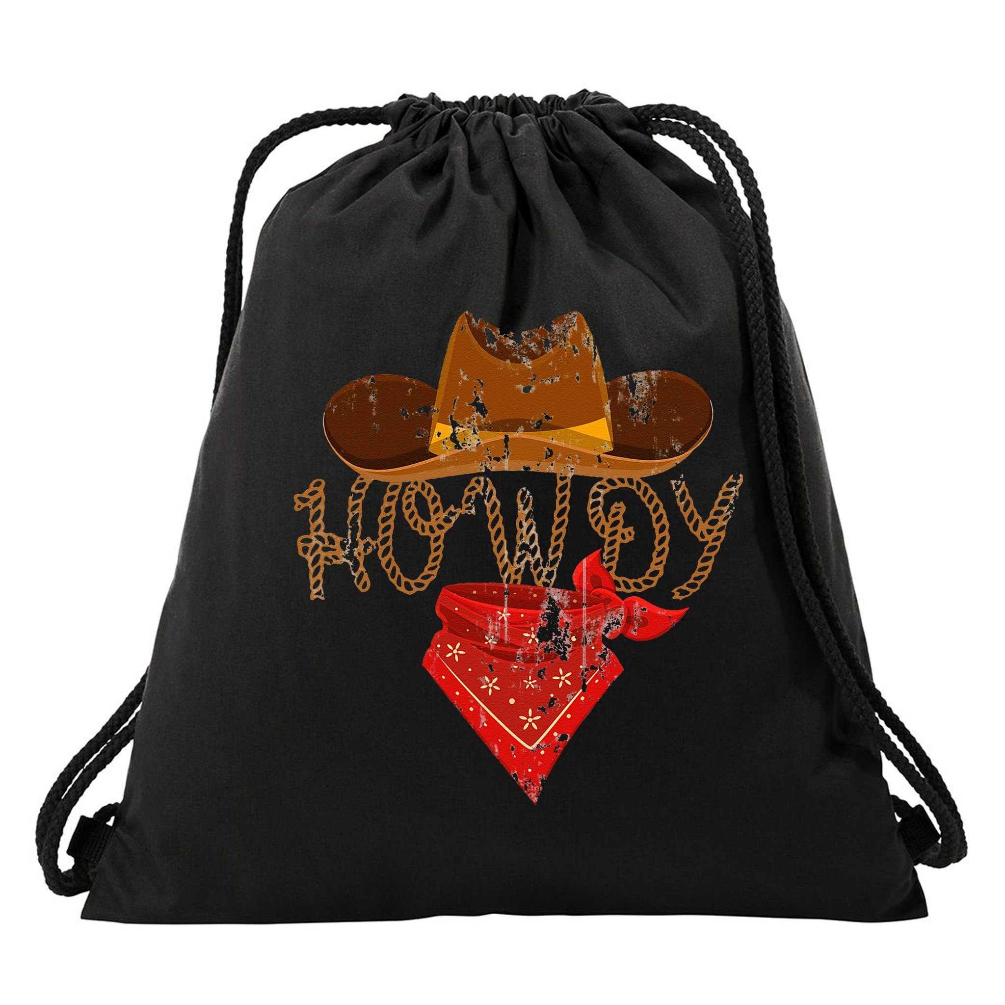 Western Cowboy Howdy Classic Fit Black Polyester & Cotton Drawstring Bag
