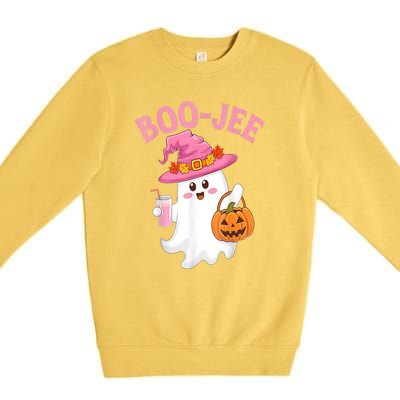 Women Cute Halloween Ghost Drinking Coffee Pumkin Ghost Ice Coffee Gift Premium Crewneck Sweatshirt