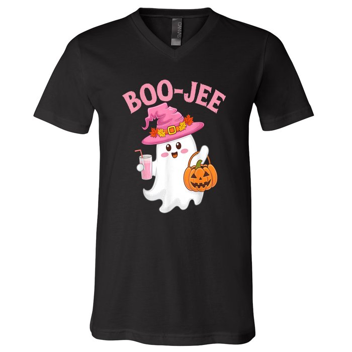 Women Cute Halloween Ghost Drinking Coffee Pumkin Ghost Ice Coffee Gift V-Neck T-Shirt