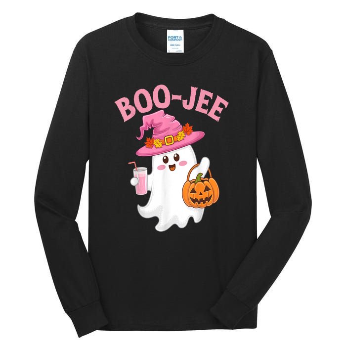 Women Cute Halloween Ghost Drinking Coffee Pumkin Ghost Ice Coffee Gift Tall Long Sleeve T-Shirt