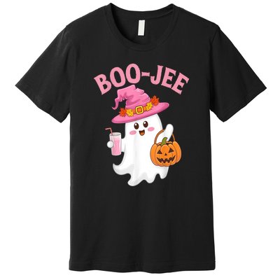 Women Cute Halloween Ghost Drinking Coffee Pumkin Ghost Ice Coffee Gift Premium T-Shirt