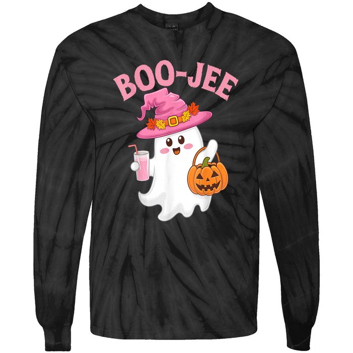 Women Cute Halloween Ghost Drinking Coffee Pumkin Ghost Ice Coffee Gift Tie-Dye Long Sleeve Shirt