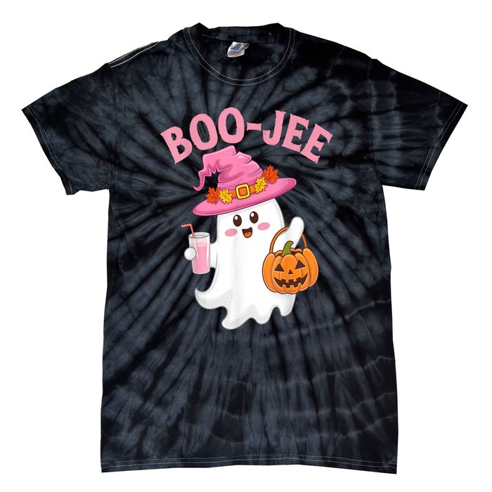 Women Cute Halloween Ghost Drinking Coffee Pumkin Ghost Ice Coffee Gift Tie-Dye T-Shirt