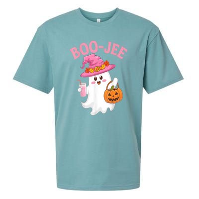 Women Cute Halloween Ghost Drinking Coffee Pumkin Ghost Ice Coffee Gift Sueded Cloud Jersey T-Shirt