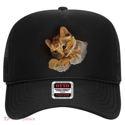 Watercolor Cat Illustration High Crown Mesh Back Trucker Hat