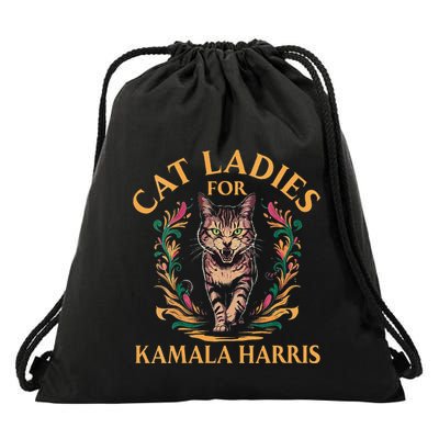 Women Cat Ladies For Kamala Harris Project Coconut Tree Gift Drawstring Bag
