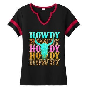 Western Country Leopard Howdy Bull Skull Cowgirl Rodeo Ladies Halftime Notch Neck Tee