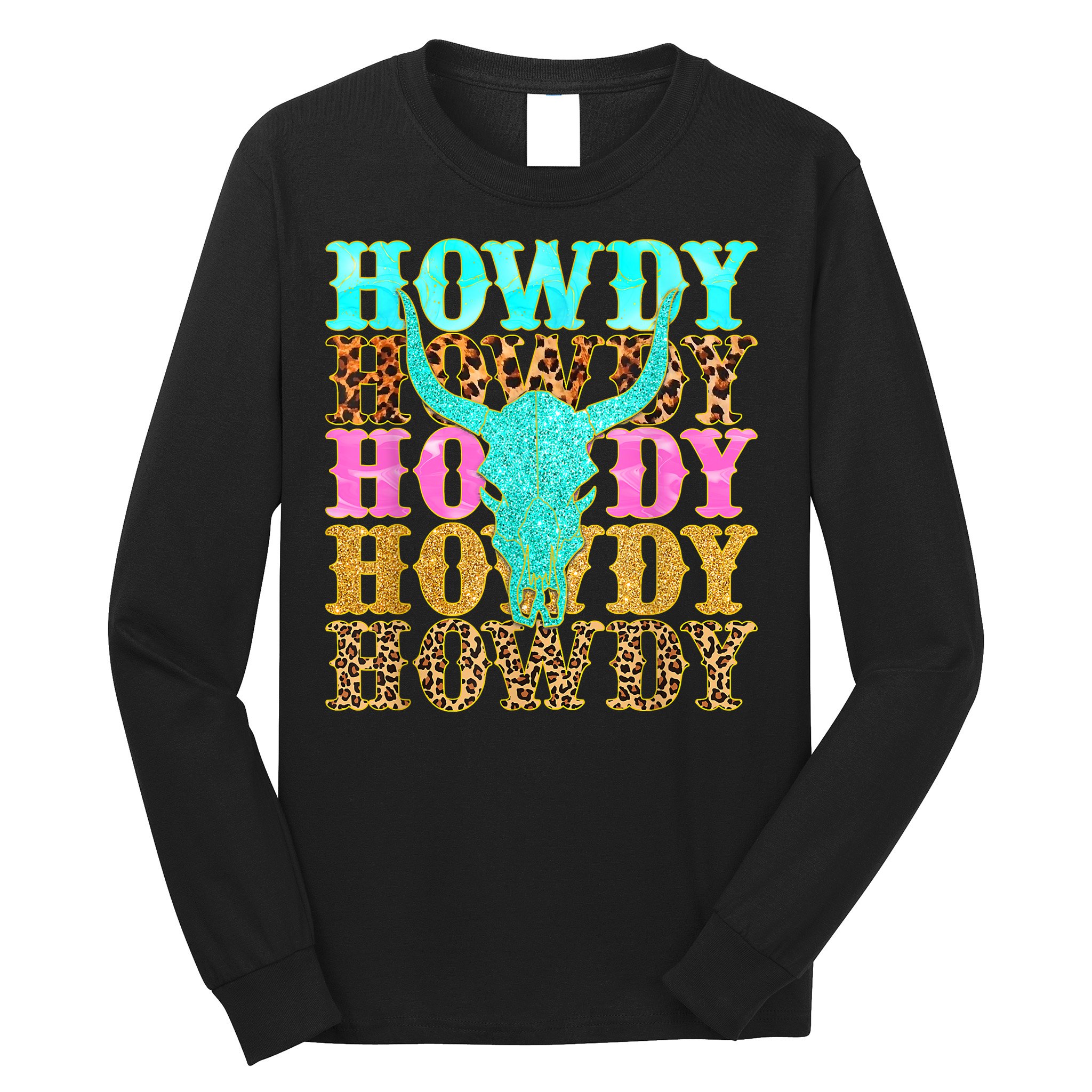 Western Country Leopard Howdy Bull Skull Cowgirl Rodeo Long Sleeve Shirt