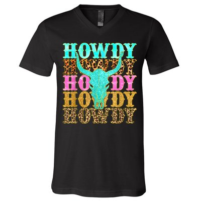 Western Country Leopard Howdy Bull Skull Cowgirl Rodeo V-Neck T-Shirt