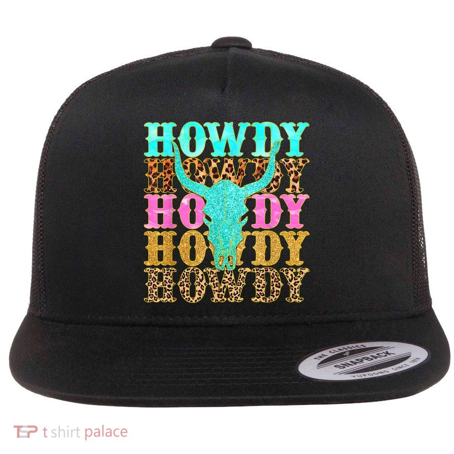 Western Country Leopard Howdy Bull Skull Cowgirl Rodeo Flat Bill Trucker Hat