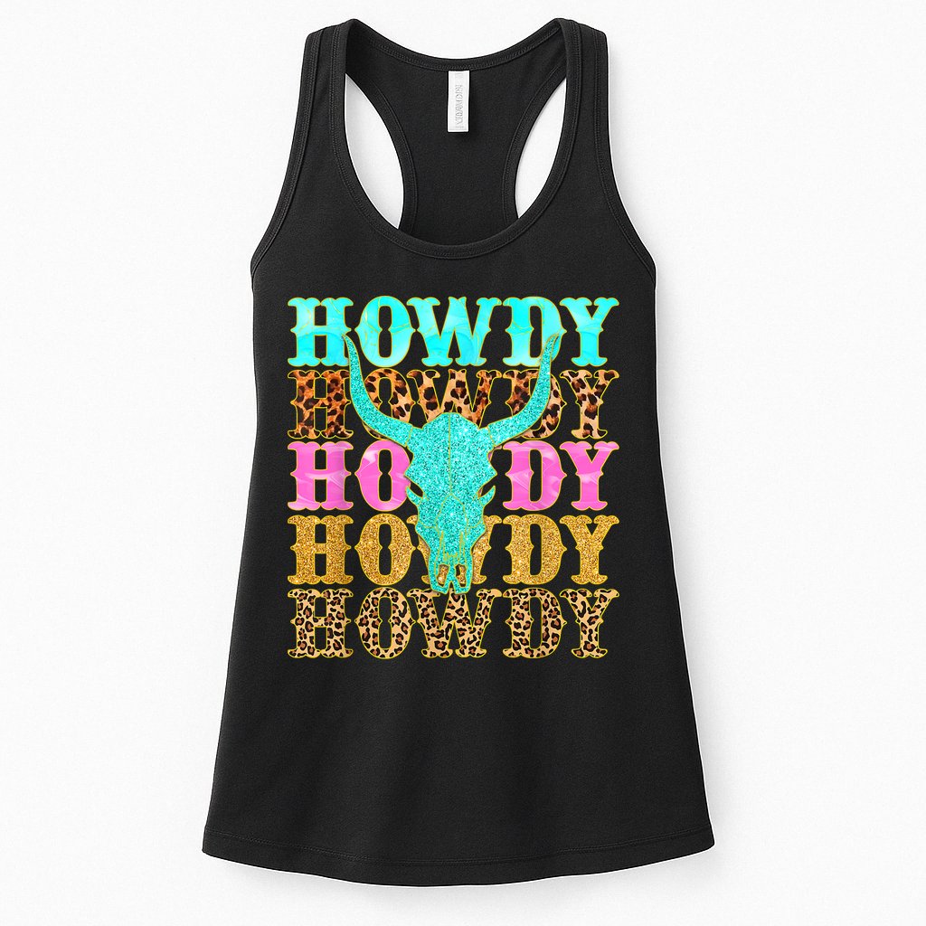 Western Country Leopard Howdy Bull Skull Cowgirl Rodeo Womens Tank Top