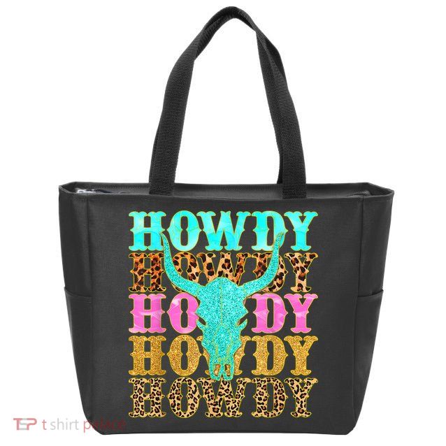 Western Country Leopard Howdy Bull Skull Cowgirl Rodeo Zip Tote Bag