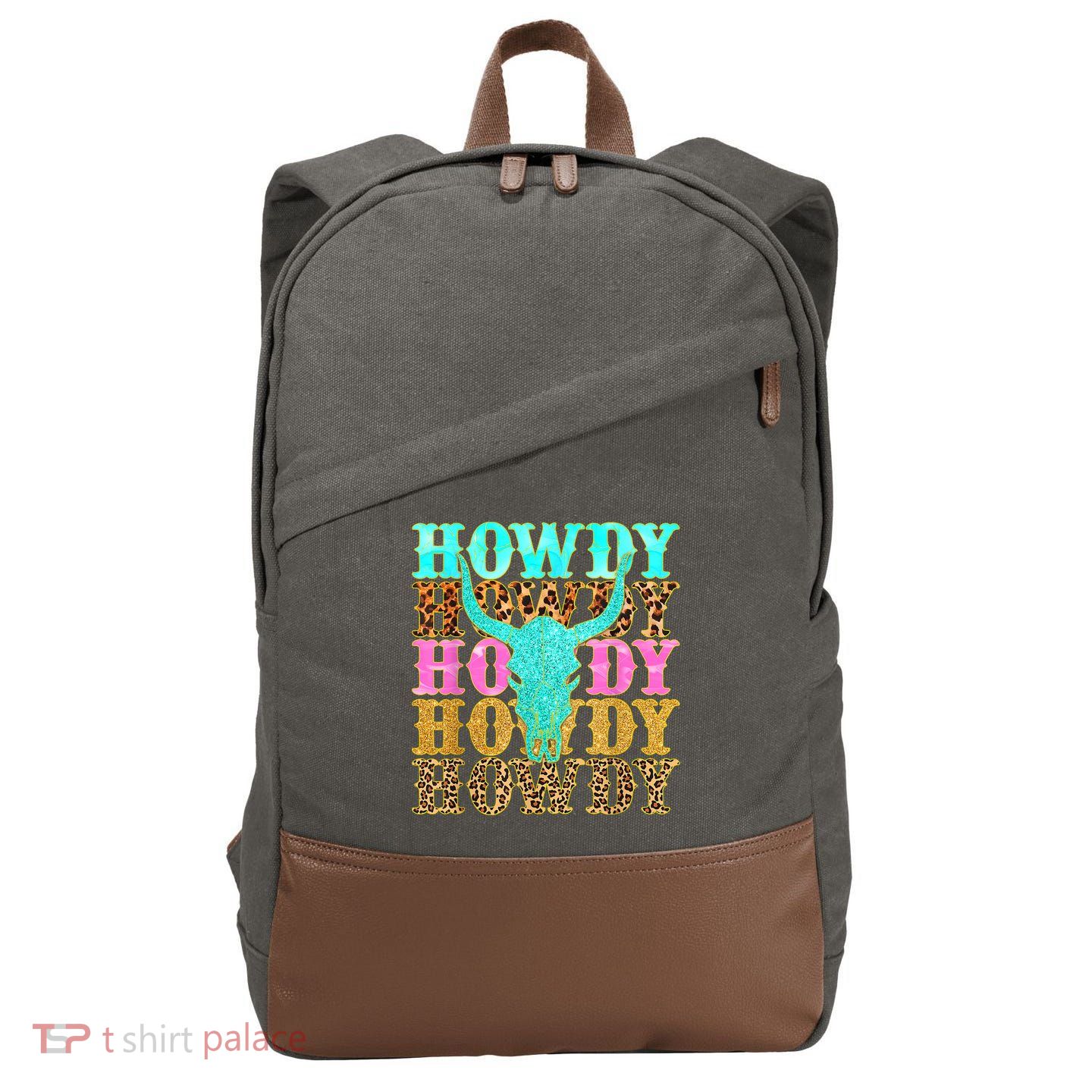 Western Country Leopard Howdy Bull Skull Cowgirl Rodeo Cotton Canvas Backpack