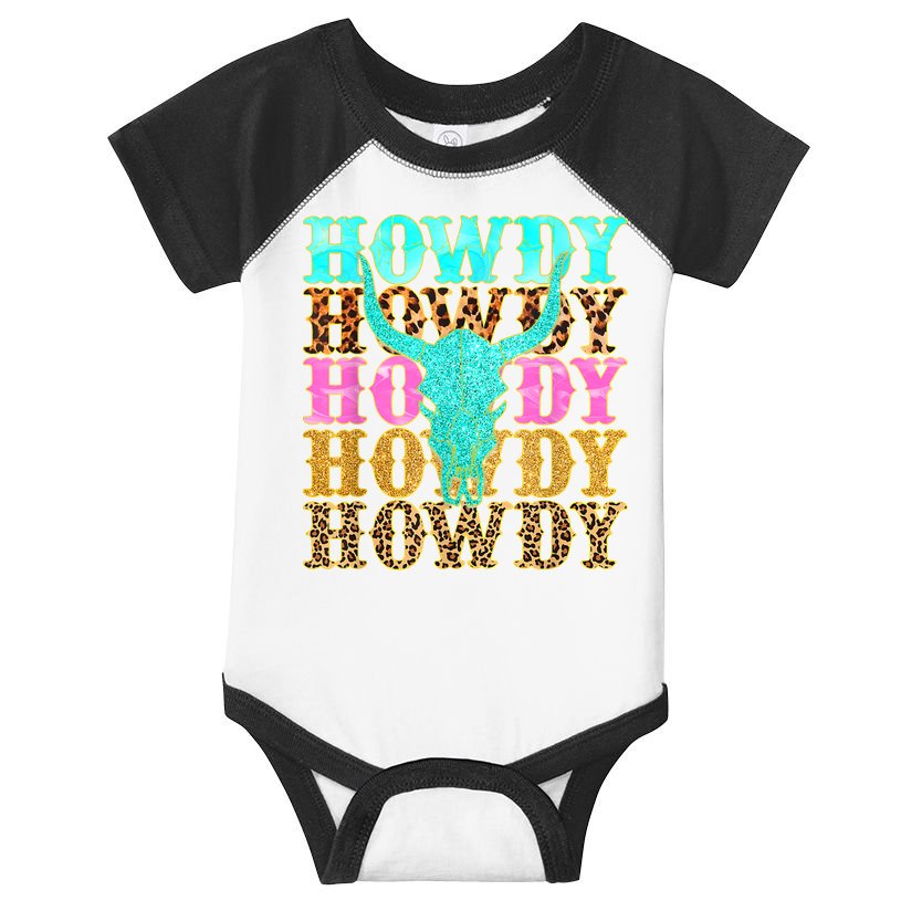 Western Country Leopard Howdy Bull Skull Cowgirl Rodeo Infant Baby Jersey Bodysuit