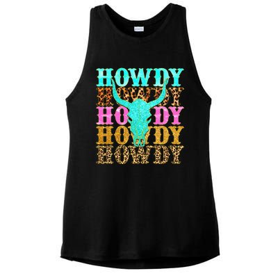 Western Country Leopard Howdy Bull Skull Cowgirl Rodeo Ladies PosiCharge Tri-Blend Wicking Tank