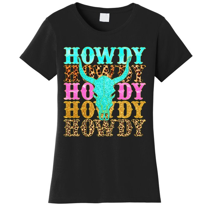 Western Country Leopard Howdy Bull Skull Cowgirl Rodeo Women's T-Shirt