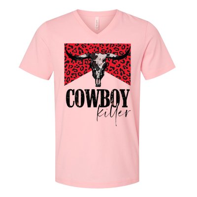 Western Cowgirl Leopard Punchy Cowboy Killers Bull Horn V-Neck T-Shirt