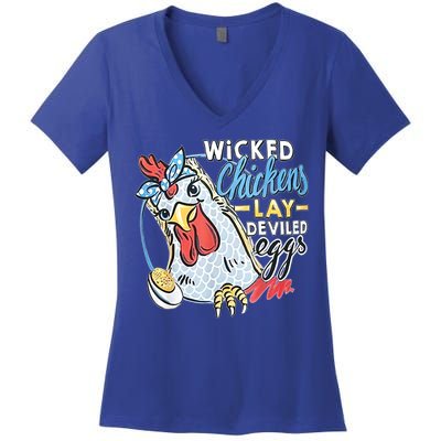 Wicked Chickens Lay Deviled Eggs Funny Chicken Lovers Women's V-Neck T-Shirt