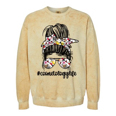 Womens Cosmetology Life Messy Bun Colorblast Crewneck Sweatshirt