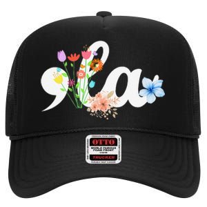 Women Comma La Floral Kamala Harris President 2024 Coma La Flowers Gift High Crown Mesh Back Trucker Hat